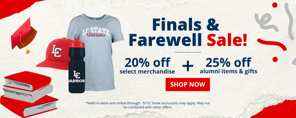 LC State Bookstore Finals & Farewell banner promoting 20% off select merch and 25% off alumni items and gifts