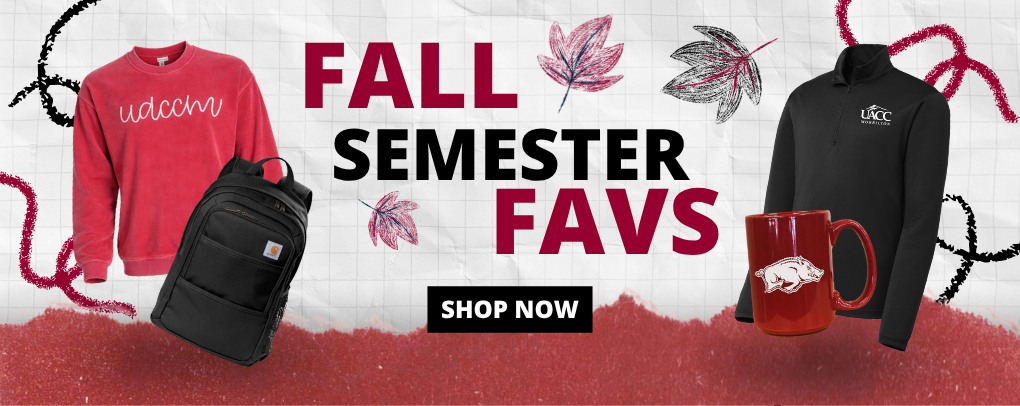 Fall Semester Favs banner featuring University of Arkansas Community College at Morrilton apparel and gear