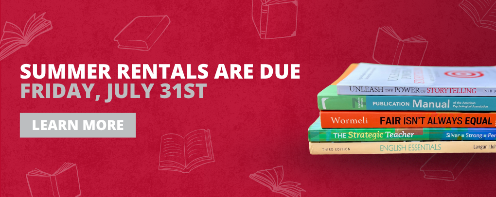 UACCM Bookstore Summer Rental Returns banner with information on returning rented textbooks. Summer rentals due 7/31.