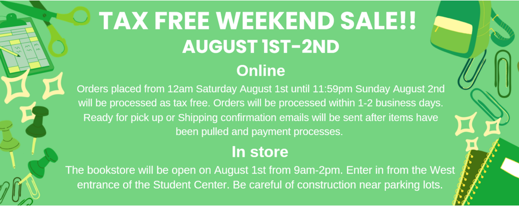 NWACC Bookstore Tax Free Weekend promotional banner for August 1st thru 2nd