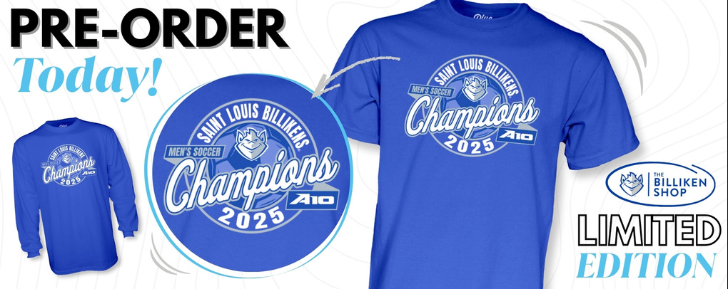 Shop today for the limited edition Billiken Shop exclusive 2025 SLU Men's Soccer Championship Shirt! 