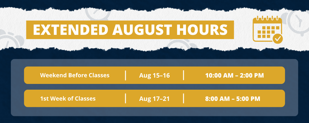 Trinidad State Bookstore Fall 2026 extended hours banner with store hours information
