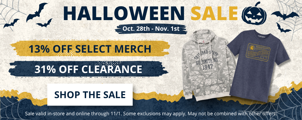 Trinidad State Bookstore Halloween Sale banner, Oct. 28th to Nov. 1st: 13% off select merch and 31% off clearance in-store and online, with Trinidad State apparel and a Shop The Sale button
