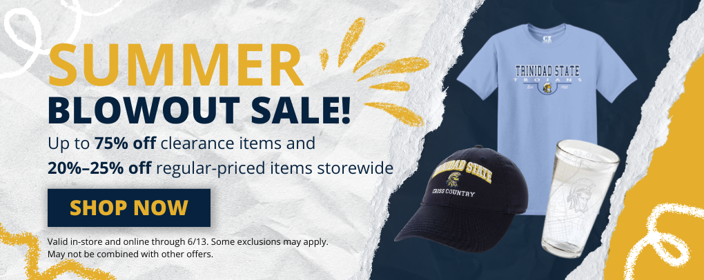 TSC Bookstore Summer Blowout Sale banner promoting up to 75 percent off clearance items and 20-25% merchandise storewide with Shop Now button
