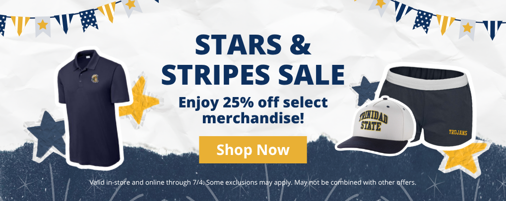 TSC Bookstore Stars and Stripes Sale banner promoting 25% percent off select merchandise with Shop Now button