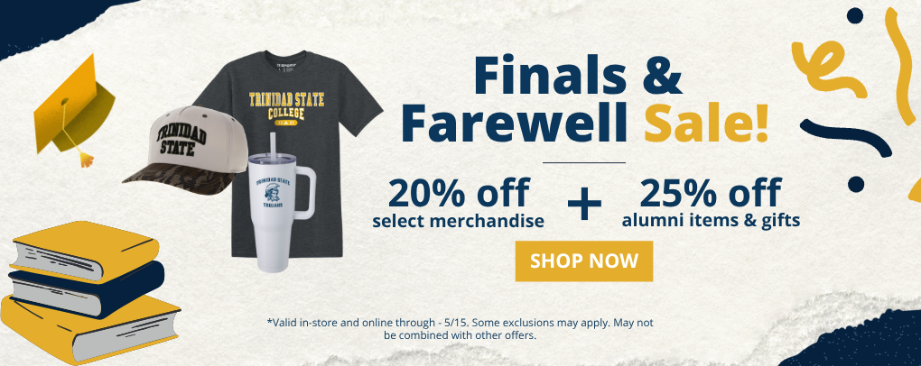 TSC Bookstore Finals & Farewell banner promoting 20% off select merch and 25% off alumni items and gifts