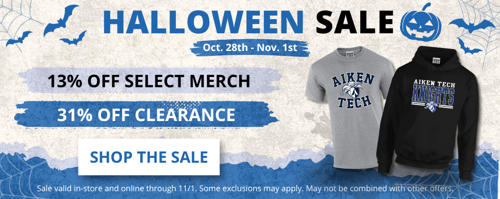 ATC Bookstore Halloween Sale banner, Oct. 28th to Nov. 1st: 13% off select merch and 31% off clearance in-store and online, with Aiken Tech apparel and a Shop The Sale button