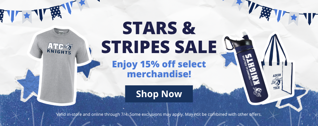 ATC Bookstore Stars and Stripes Sale banner promoting 15% percent off select merchandise with Shop Now button