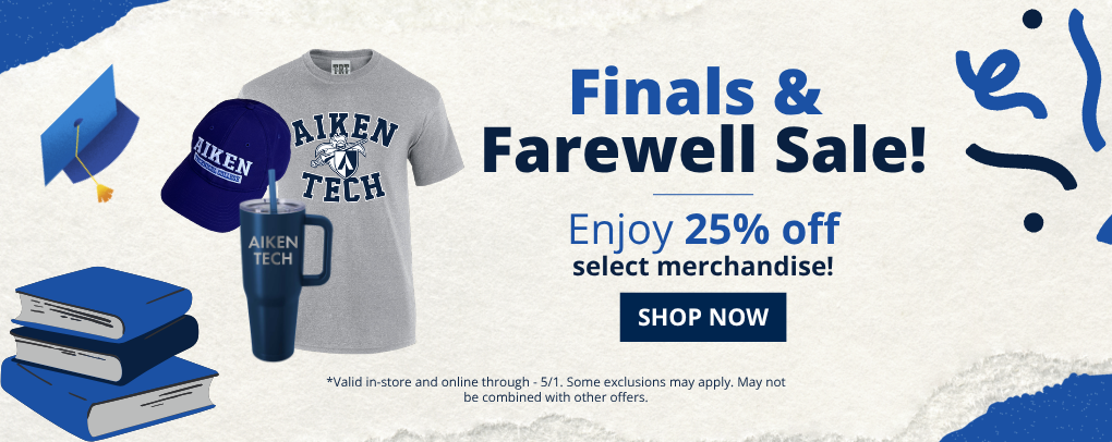 ATC Bookstore Finals and Farewell Sale banner promoting 25 percent off select merchandise with Shop Now button