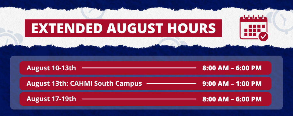 UA-PTC Bookstore extended August store hours banner