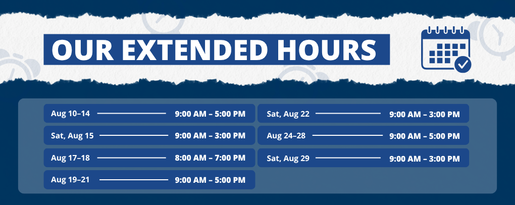 Macomb Bookstore extended August store hours banner