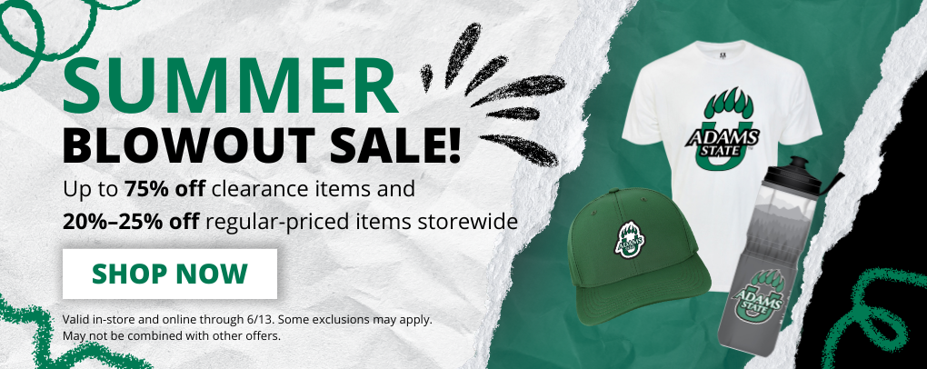 Adams State Bookstore Summer Blowout Sale banner promoting up to 75 percent off clearance items and 20-25% merchandise storewide with Shop Now button