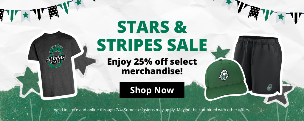 Adams State Bookstore Stars and Stripes Sale banner promoting 25% percent off select merchandise with Shop Now button