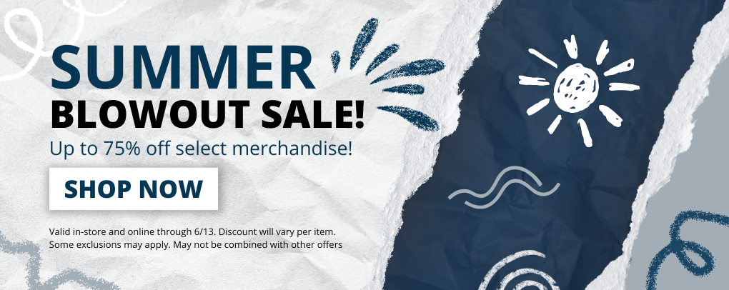 DSC Bookstore Summer Blowout Sale banner promoting up to 75 percent off select merchandise with Shop Now button