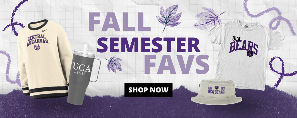 Fall Semester Favs banner featuring University of Central Arkansas apparel and gear