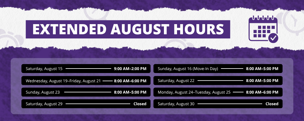 UCA Bookstore August Hours banner
