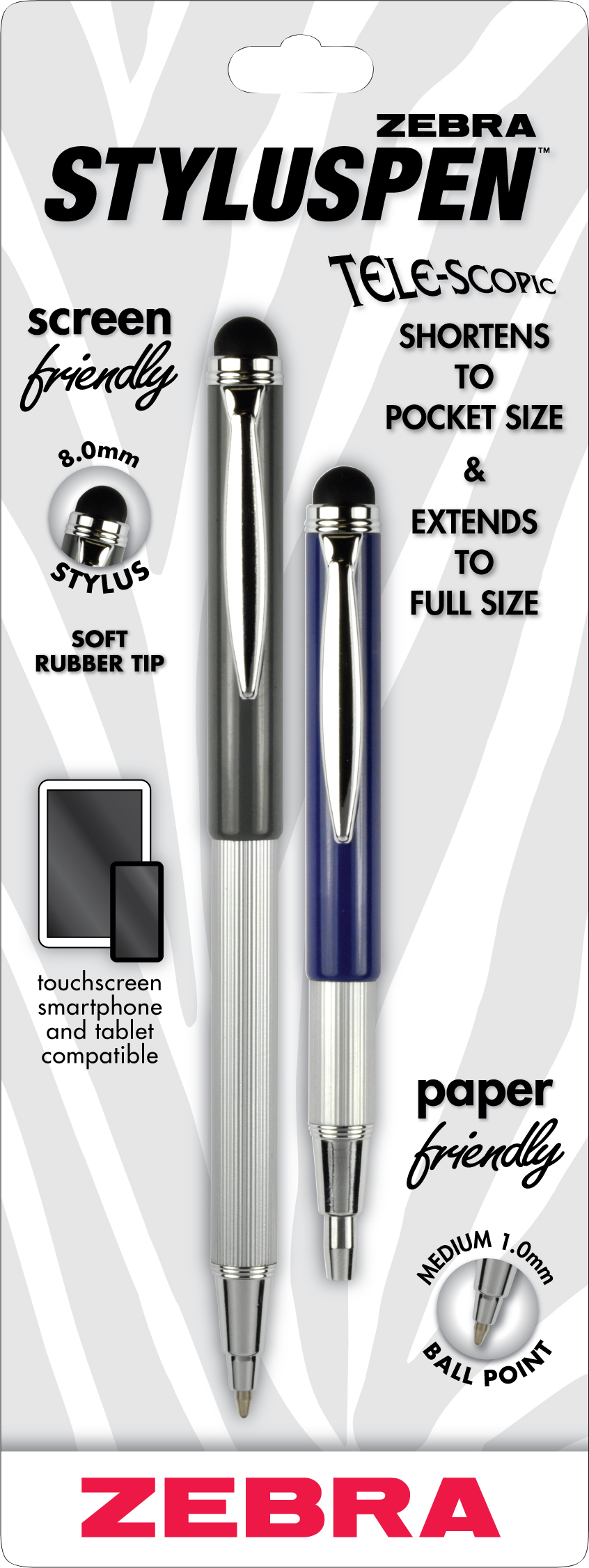 Zebra Pen Telescopic StylusPen - Black 1.0mm 2Pk