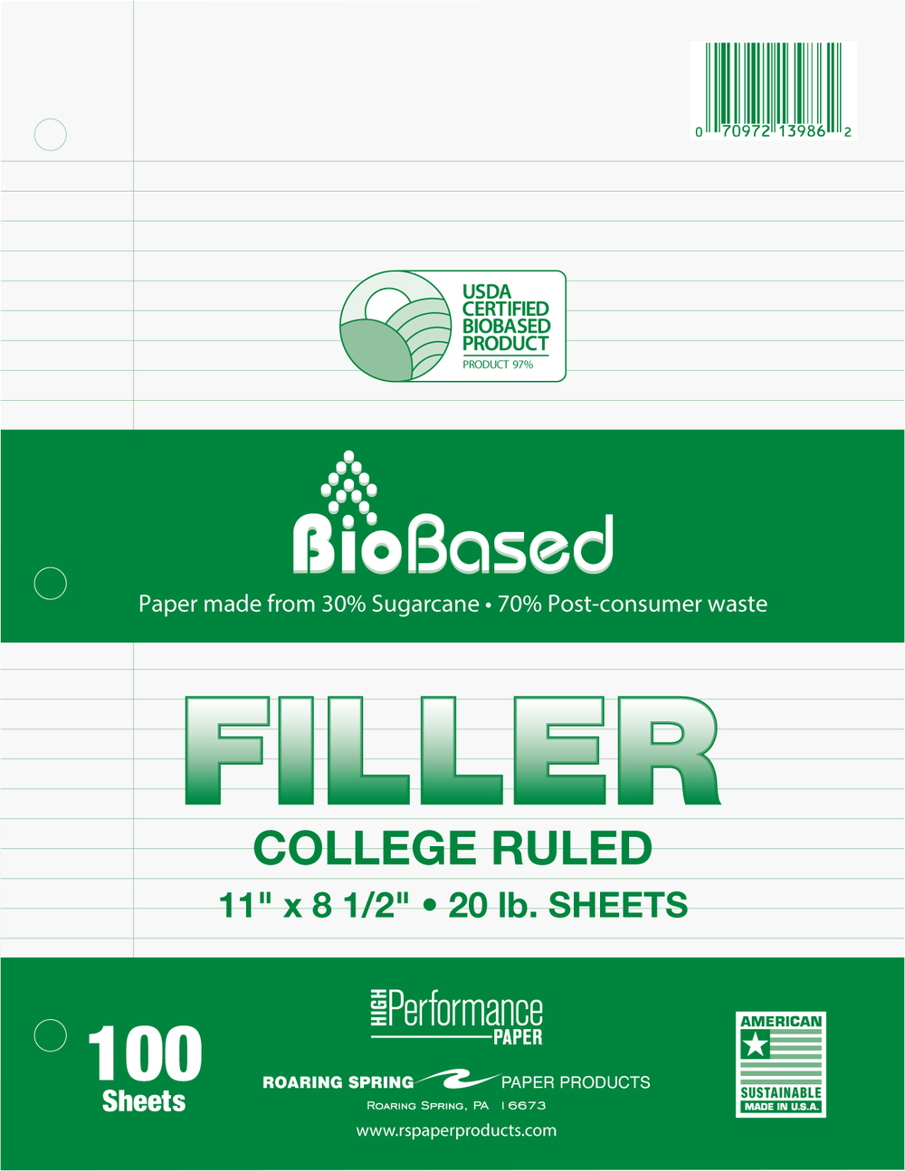 Roaring Spring BioBase Filler Paper - White 8.5x11in 100Sht Bulk College Ruled