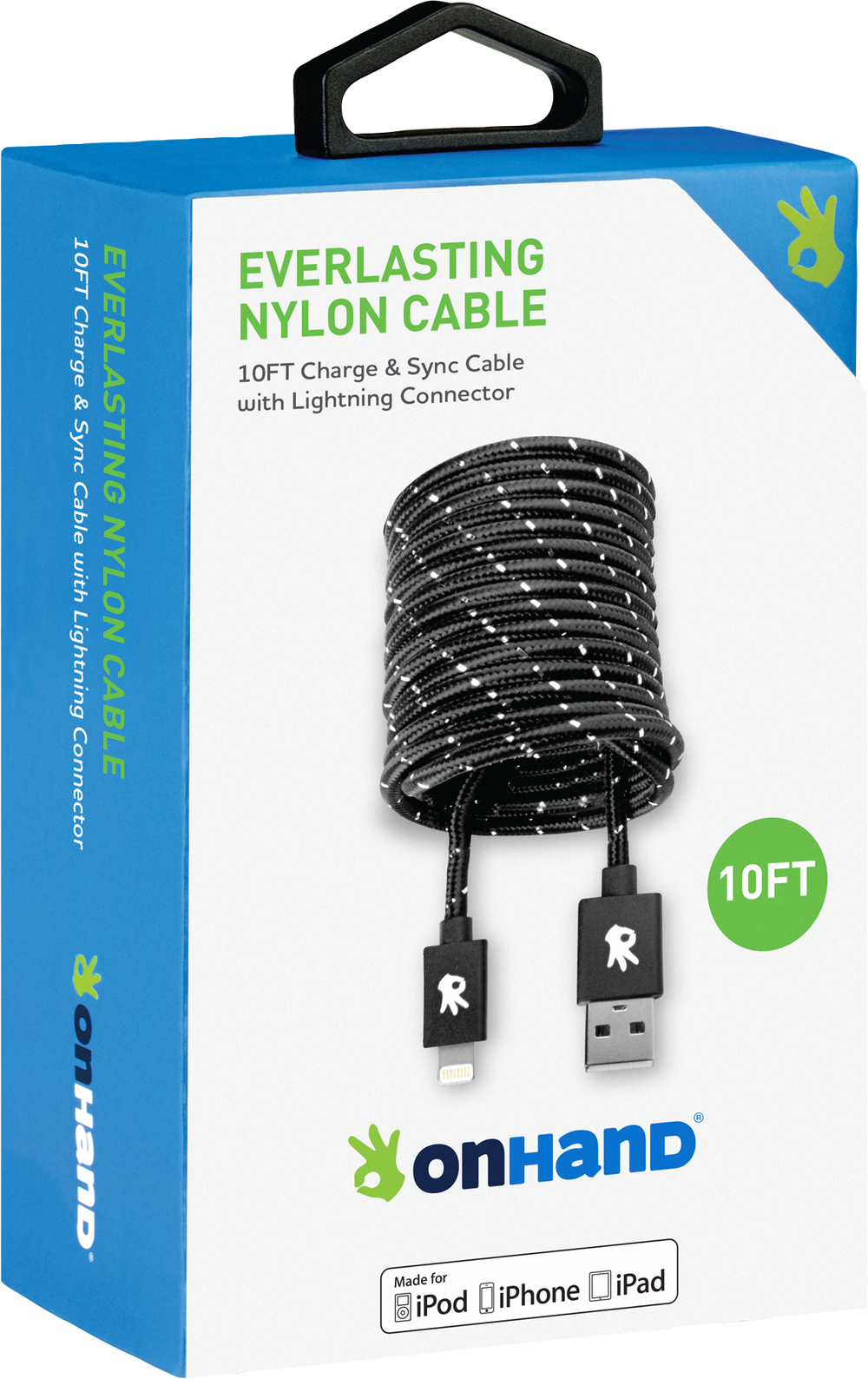 OnHand Everlasting Nylon Sync & Charge Cable - Black 10ft BP USB - Lightning-MFi Certified