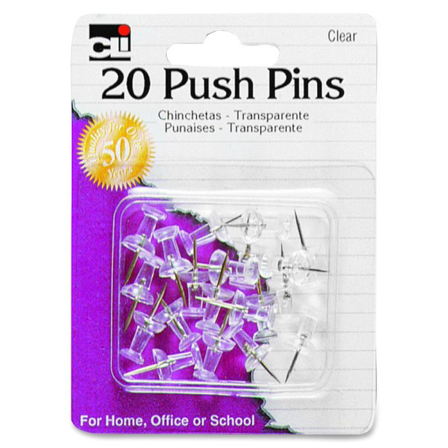 Charles Leonard Push Pins - Clear .44in 20Pk BP