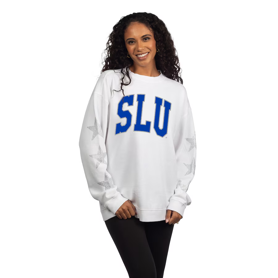 Womens Chicka D white Saint Louis Billikens CAMPUS RHINESTONE STARS CREW