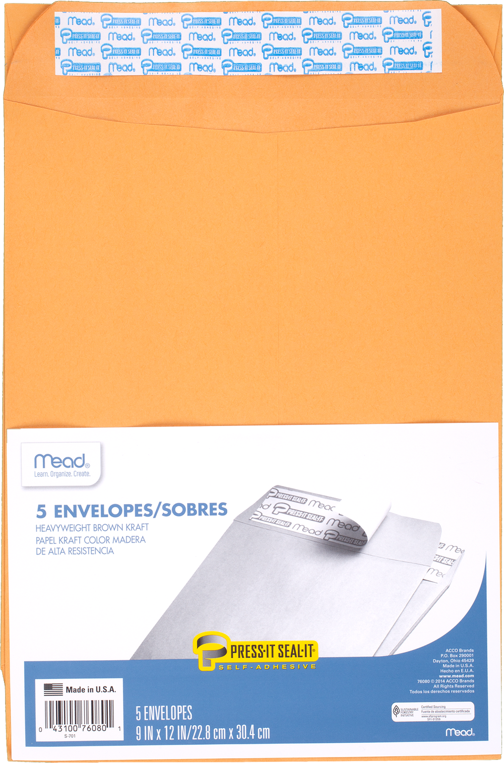 Mead Press-It Seal-It Envelope - Brown Kraft 9x12in 5Pk BP