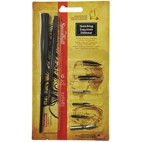 SKETCHING PEN SET, 6 DIP PENS &amp; 2 HOLDERS
