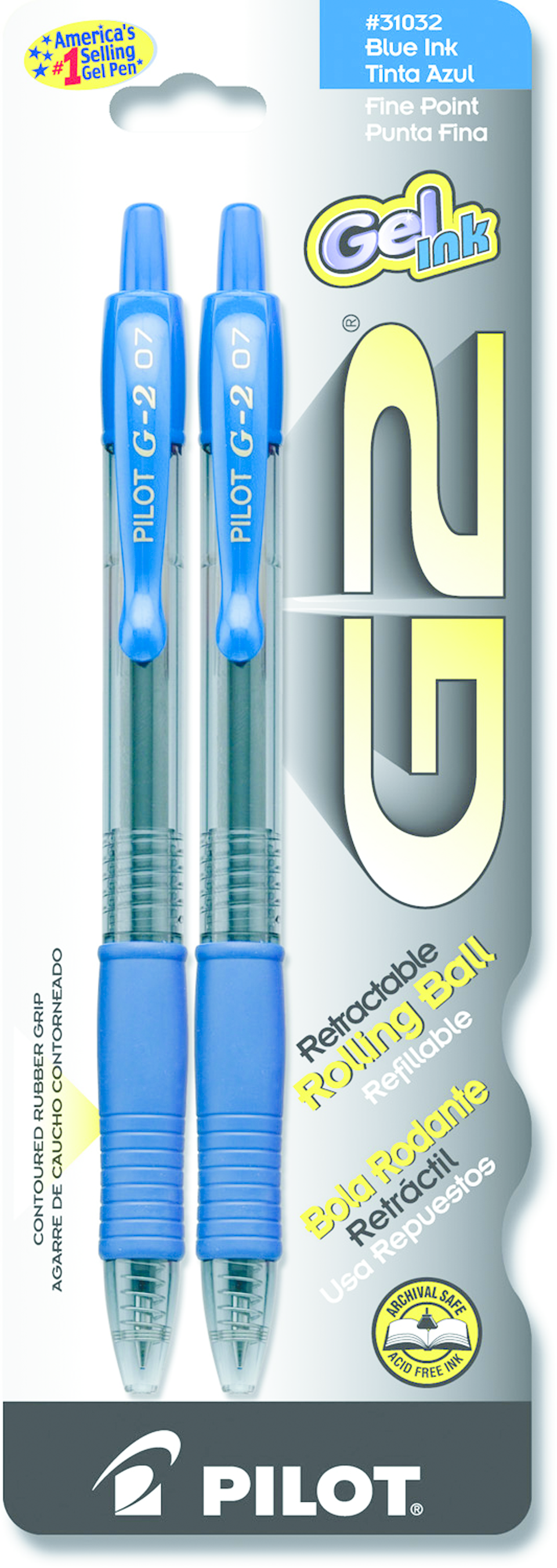 Pilot G2 Retractable Gel Pen - Blue .7mm 2Pk BP