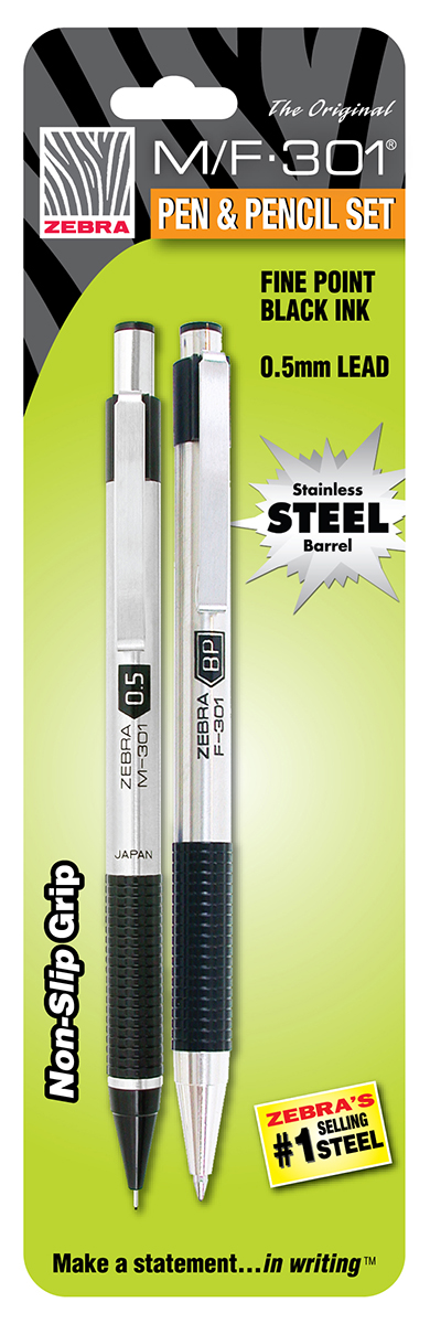 Zebra Pen F-301 RT Ballpoint Pen-M-301 Mechanical Pencil Set - Silver Asst 1Pk BP