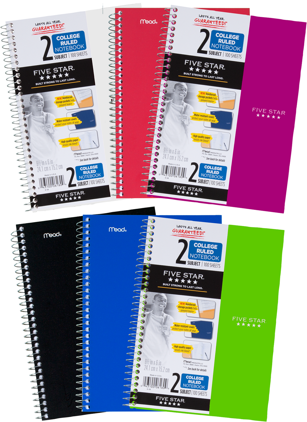 Five Star Wirebound Notebook 2-Subject-College Ruled - Asst 6x9.5in 120Sht