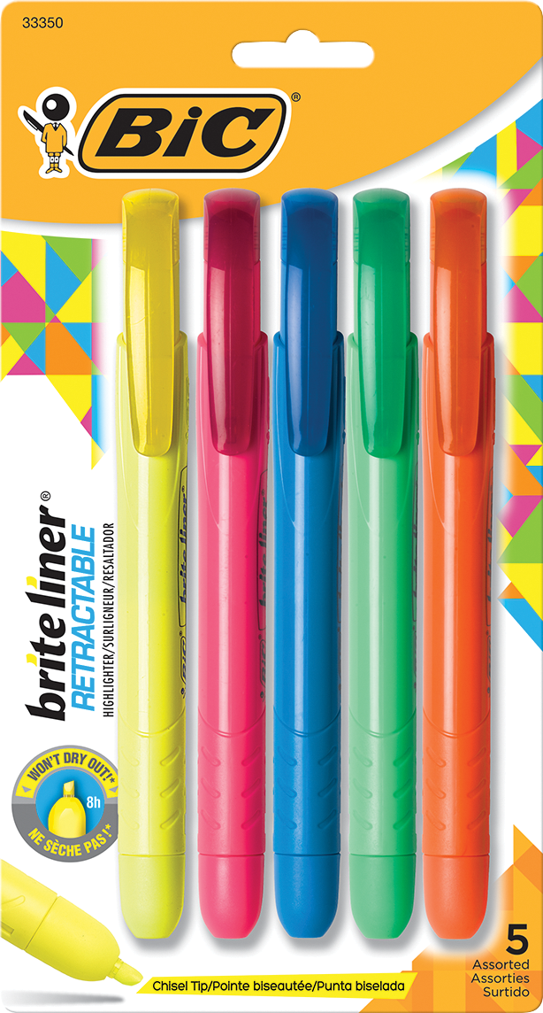 BIC Brite Liner Retractable Pen Style Highlighter - Asst Chisel 5Pk BP