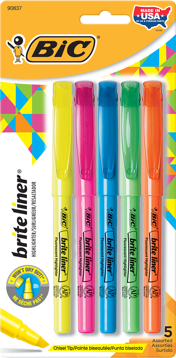 BIC Brite Liner Pen Style Highlighter - Asst Chisel 5Pk BP