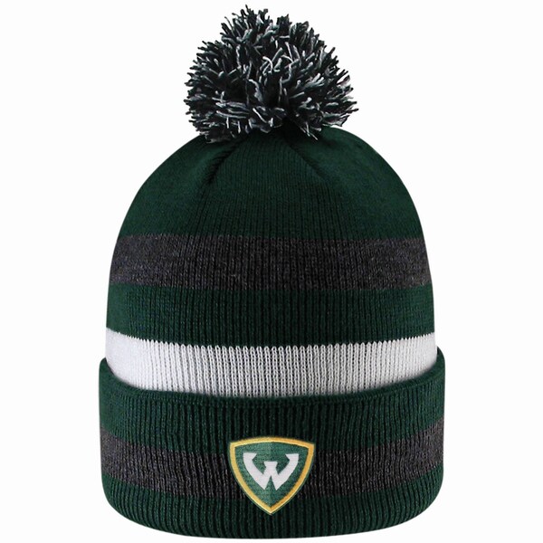 WSU Shield Striped Cuff Pom Beanie