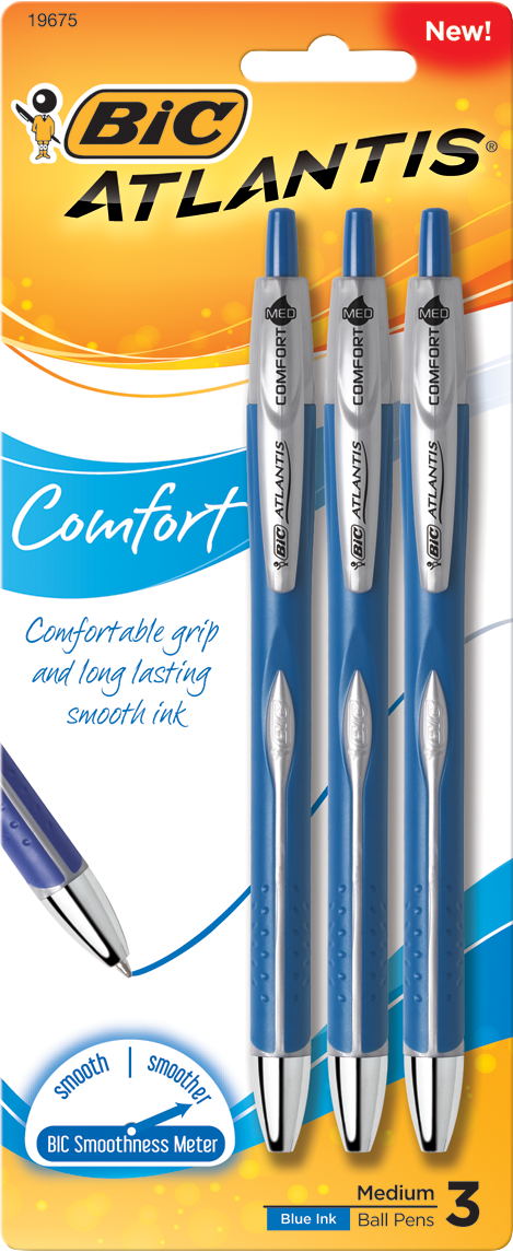 BIC Atlantis Comfort Retractable Ballpoint Pen - Blue 1.2mm 3Pk BP
