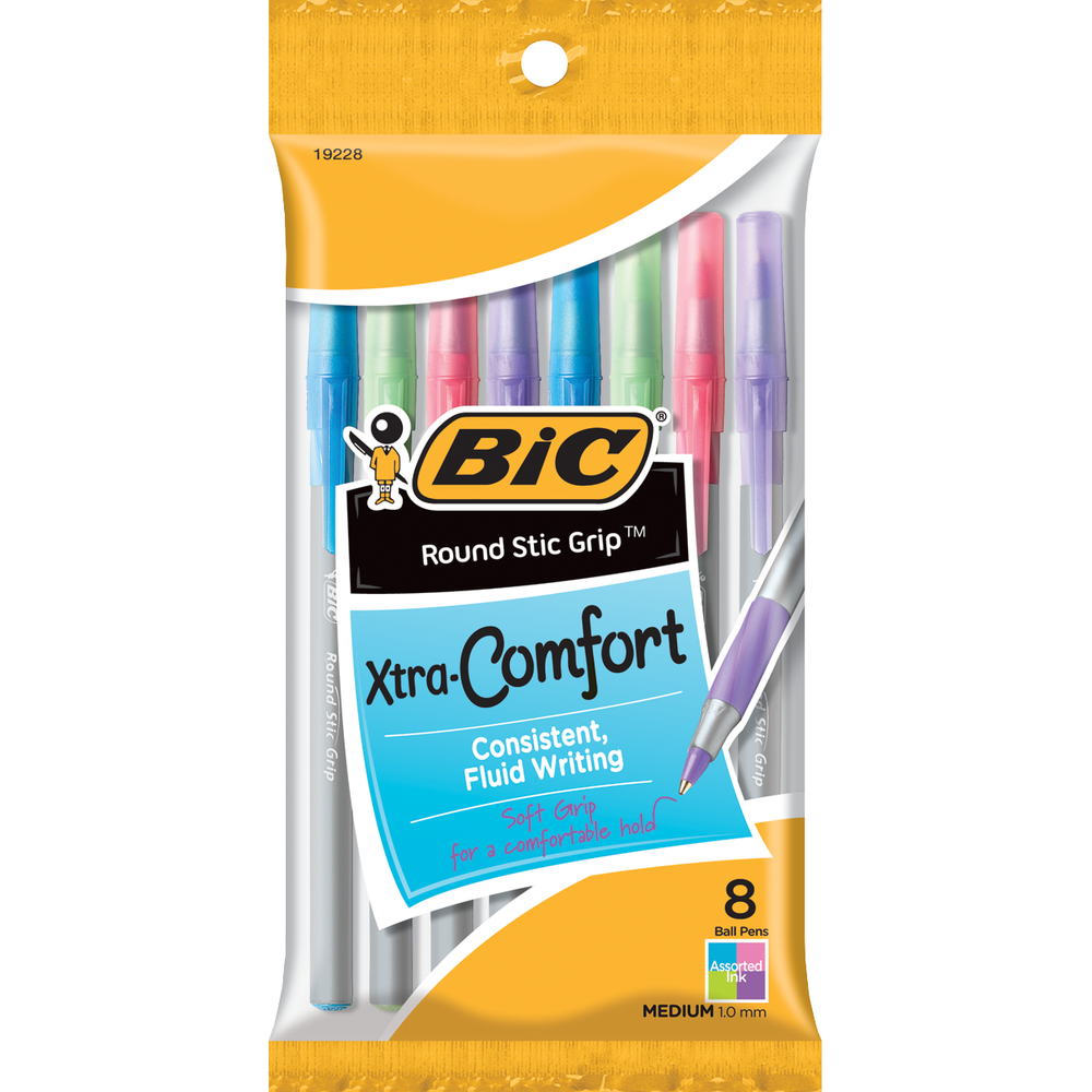 BIC Round Stic Grip Xtra Comfort Ballpoint Pen - Asst 1.0mm 8Pk BP Fashion