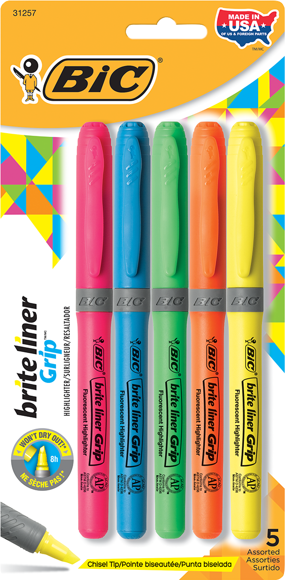 BIC Brite Liner Grip Pen Style Highlighter - Asst Chisel 5Pk BP