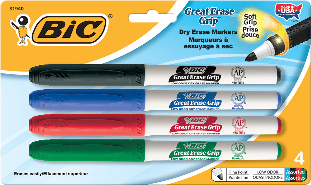 BIC Great Erase Grip Dry Erase Marker - Asst Fine 4Pk BP Pocket