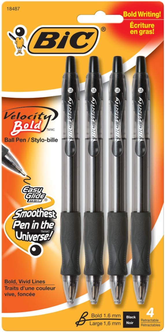 BIC Atlantis Velocity Bold Retractable Ball Pen, Bold Point (1.6mm), Black, 4-Count