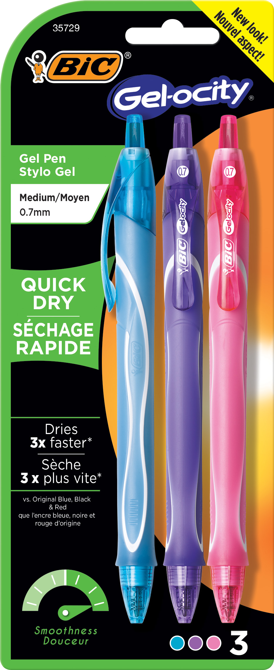 BIC Gel-ocity Quick Dry Retractable Gel Pen .7mm - 3 Pack