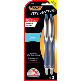 BIC Atlantis Air Retractable Ball Pen, 2-Pack Blue
