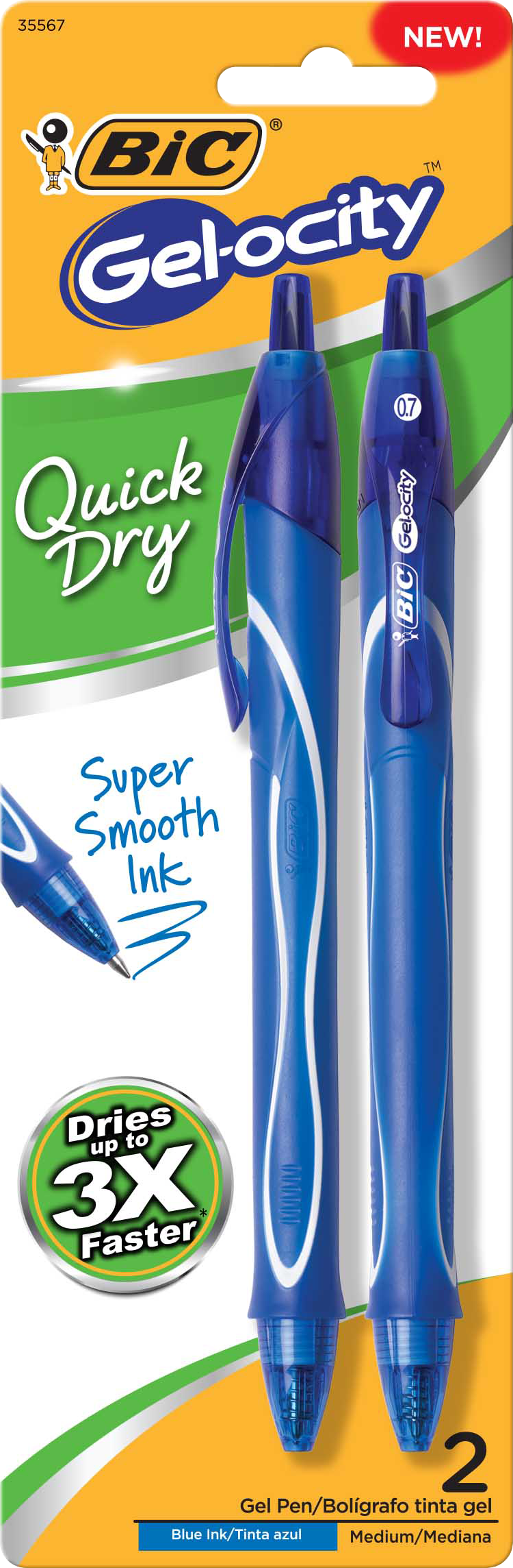 BIC Gel-ocity Quick Dry Retractable Gel Pen - Blue .7mm 2Pk BP
