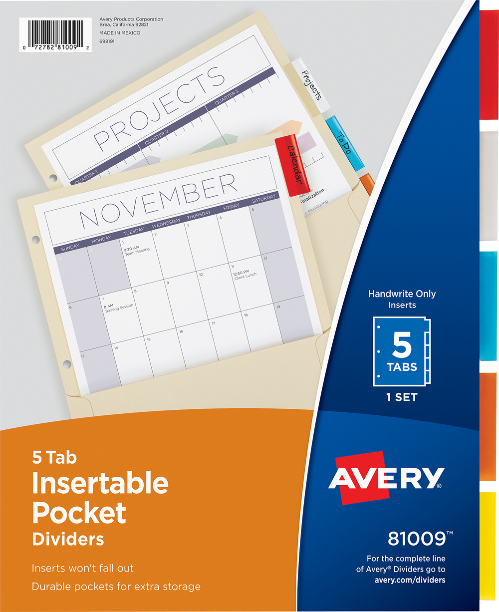 Avery Insertable Dividers with Pockets - Multi Tabs - 9x11in - 5 Tab