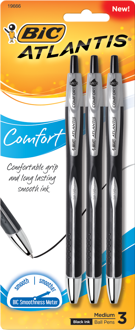 BIC Atlantis Comfort Retractable Ballpoint Pen - Black 1.2mm 3Pk BP