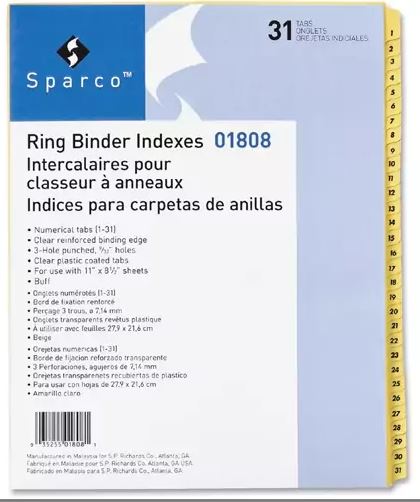 Numerical Tabs 1-31 Ring Binder Indexes
