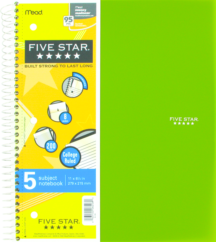 Five Star Wirebound Notebook - Asst 8.5x11in 200Sht Bulk 5-Subject-College Ruled
