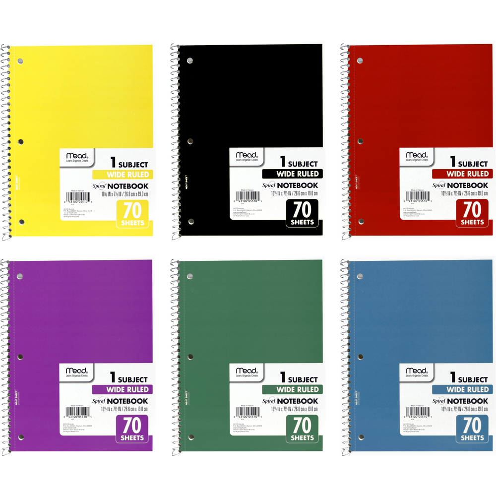 Mead Wirebound Notebook - Asst 7.5x10.5in 70Sht Bulk 1-Subject-Wide Ruled