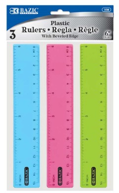 Ruler Plastic 6 " Assorted Colors 3/pk