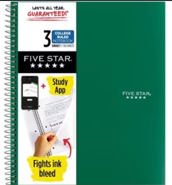 5 Star Spiral Notebook 3 Subject
