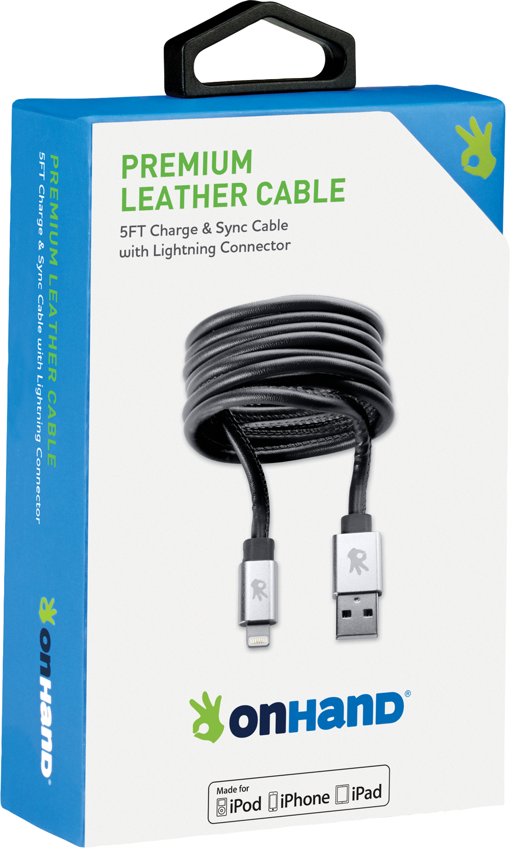 OnHand Premium Leather Sync & Charge Cable - Black 5ft BP USB-A to Lightning (MFi certified)