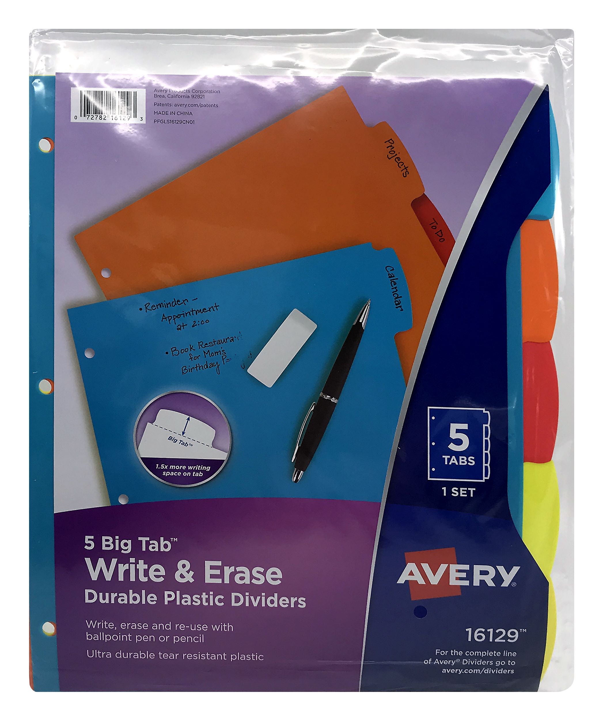 Avery Big Tab Write & Erase Plastic Dividers, 5-Tab Set, Multicolor